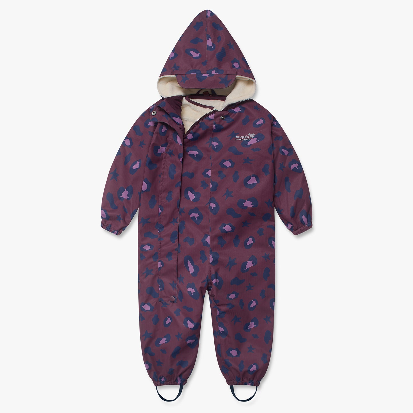 3 in 1 Waterproof Scampsuit Burgundy Animal: A durable children's rain/snowsuit featuring a purple and navy abstract-camouflage print, front zip-and-snap closure, and attached hood.