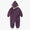 3 in 1 Waterproof Scampsuit Burgundy Animal: A durable children's rain/snowsuit featuring a purple and navy abstract-camouflage print, front zip-and-snap closure, and attached hood.