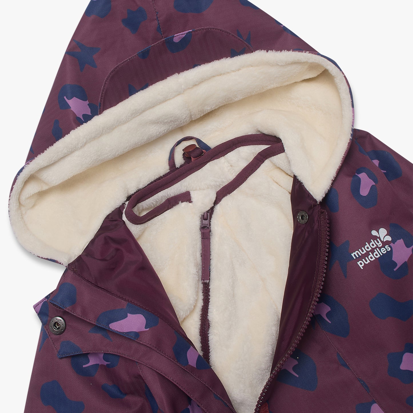 3 in 1 Waterproof Scampsuit Burgundy Animal: A durable children's jacket with a purple shell, navy and pink print, and cream fleece lining, offering waterproof protection.