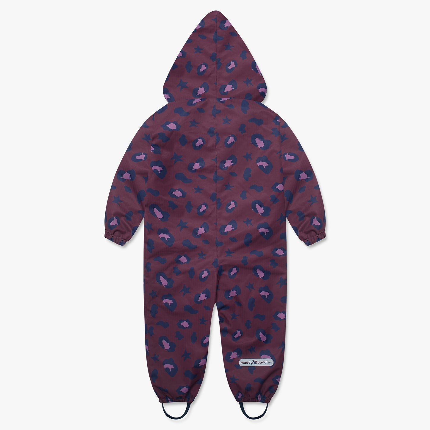 3 in 1 Waterproof Scampsuit Burgundy Animal: A durable children's rain suit with a hood, elasticated cuffs, stirrups, and muddy puddles logo, featuring a vibrant animal print.