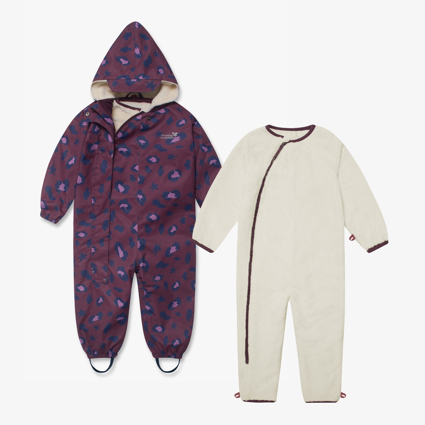 3 in 1 Waterproof Scampsuit Burgundy Animal featuring a durable, waterproof outer shell with a leopard-star print and a removable cream fleece liner, perfect for outdoor adventures.