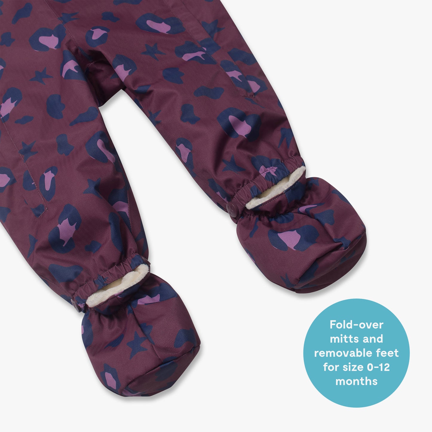 3 in 1 Waterproof Scampsuit Burgundy Animal featuring fold-over mitts and removable feet, ideal for infants aged 0–12 months, ensuring durability and protection in any weather.