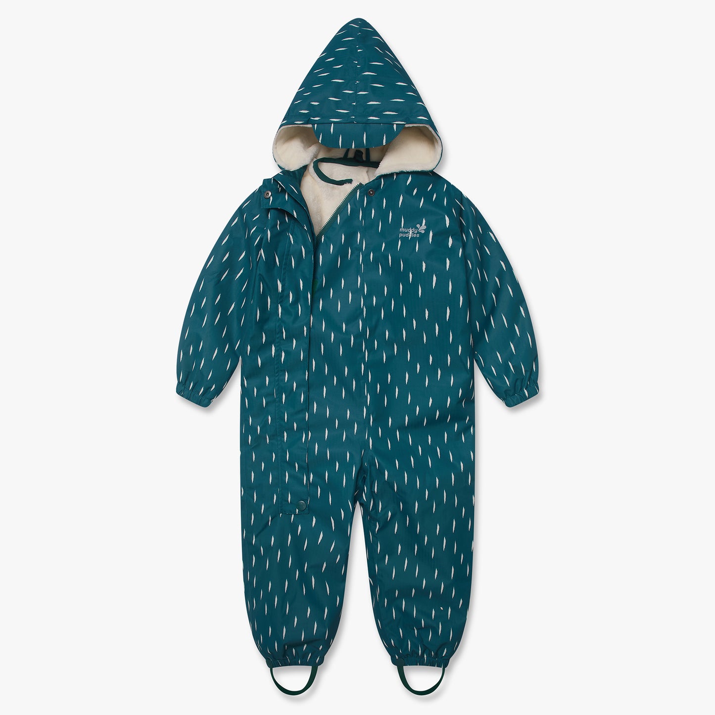 3 in 1 Waterproof Scampsuit Green: A durable, teal all-weather children's suit with raindrop pattern, fleece-lined hood, full zipper, elastic cuffs, and stirrups, designed by Muddy Puddles.