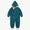 3 in 1 Waterproof Scampsuit Green: A durable, teal all-weather children's suit with raindrop pattern, fleece-lined hood, full zipper, elastic cuffs, and stirrups, designed by Muddy Puddles.