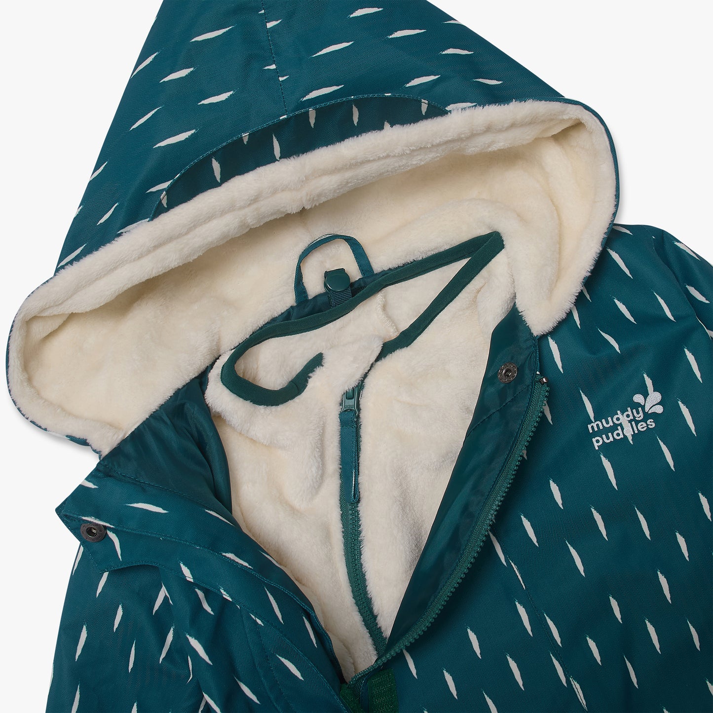 3 in 1 Waterproof Scampsuit Green features a teal-green outer shell with a white dash pattern, cream-white faux-shearling lining, central zipper, snap closures, and hanging loop.