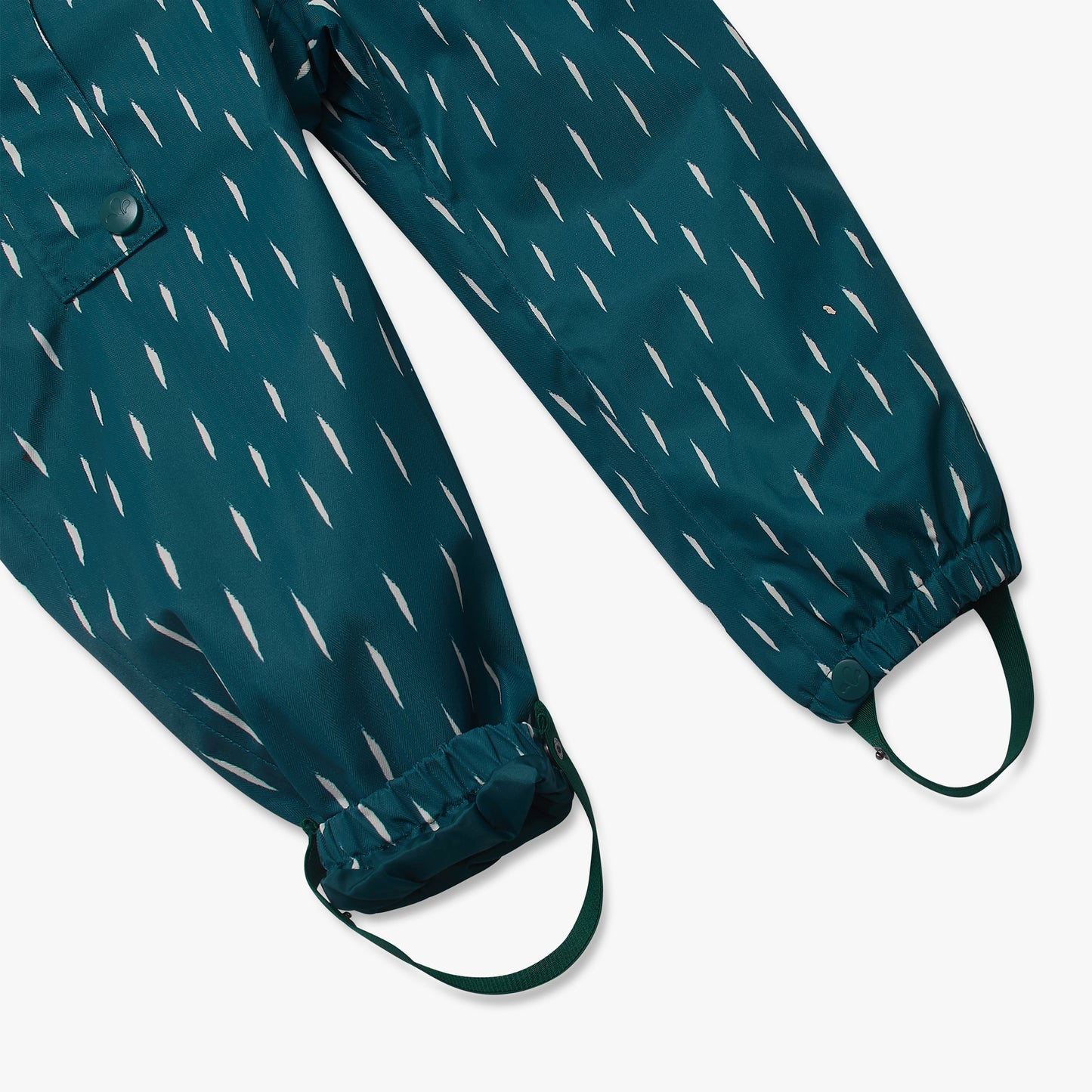 Teal pant legs from the 3 in 1 Waterproof Scampsuit Green, featuring white dashes, elastic cuffs, and adjustable stirrups for durable, waterproof protection.