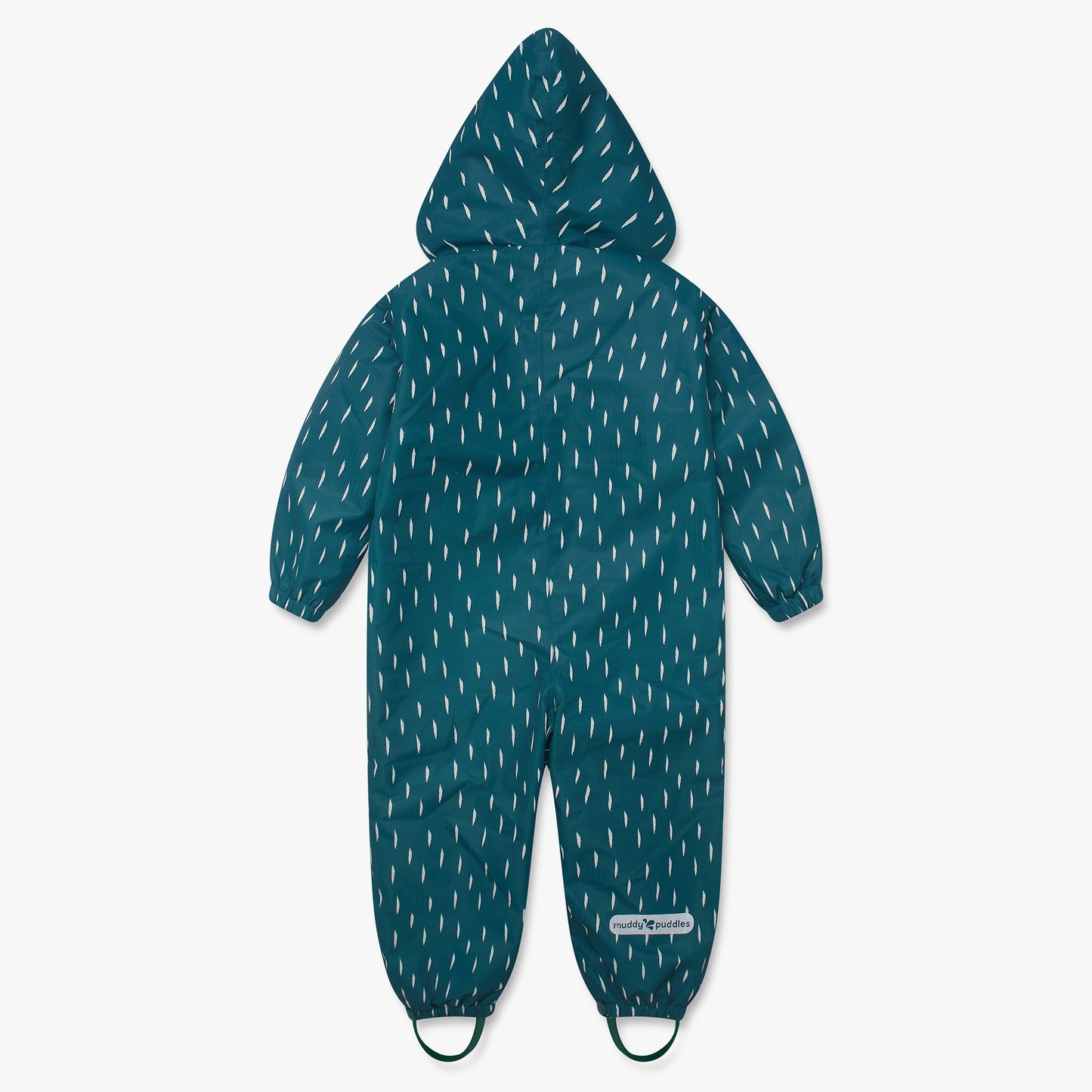 3 in 1 Waterproof Scampsuit Green: Durable children's rain suit with a hood, elasticated cuffs, and foot straps, ideal for outdoor play in wet conditions.