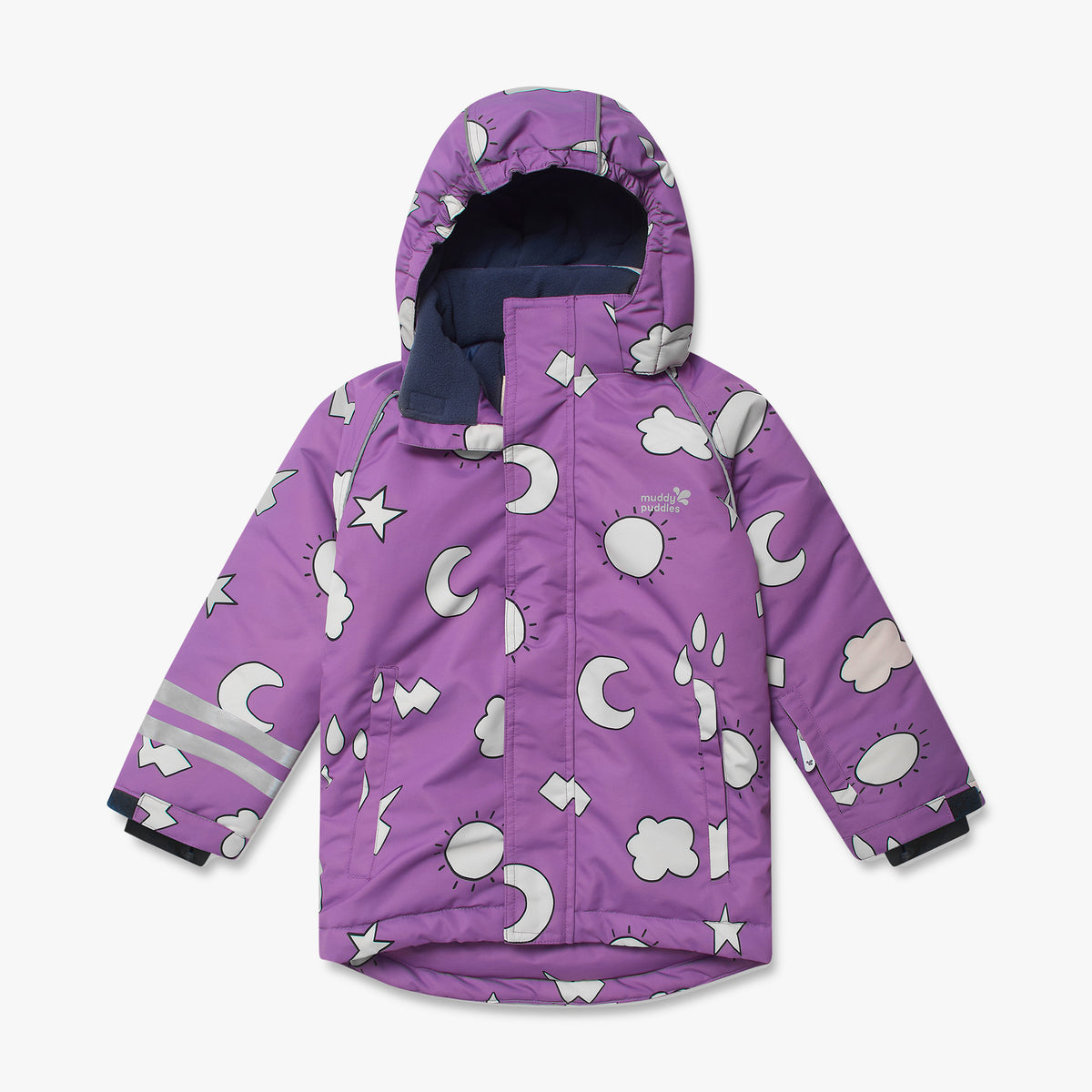 Blizzard Kids Ski Jacket Lilac Weather features durable, waterproof design with celestial motifs, hood, two front pockets, reflective striping, and muddy puddles branding for adventurous children.