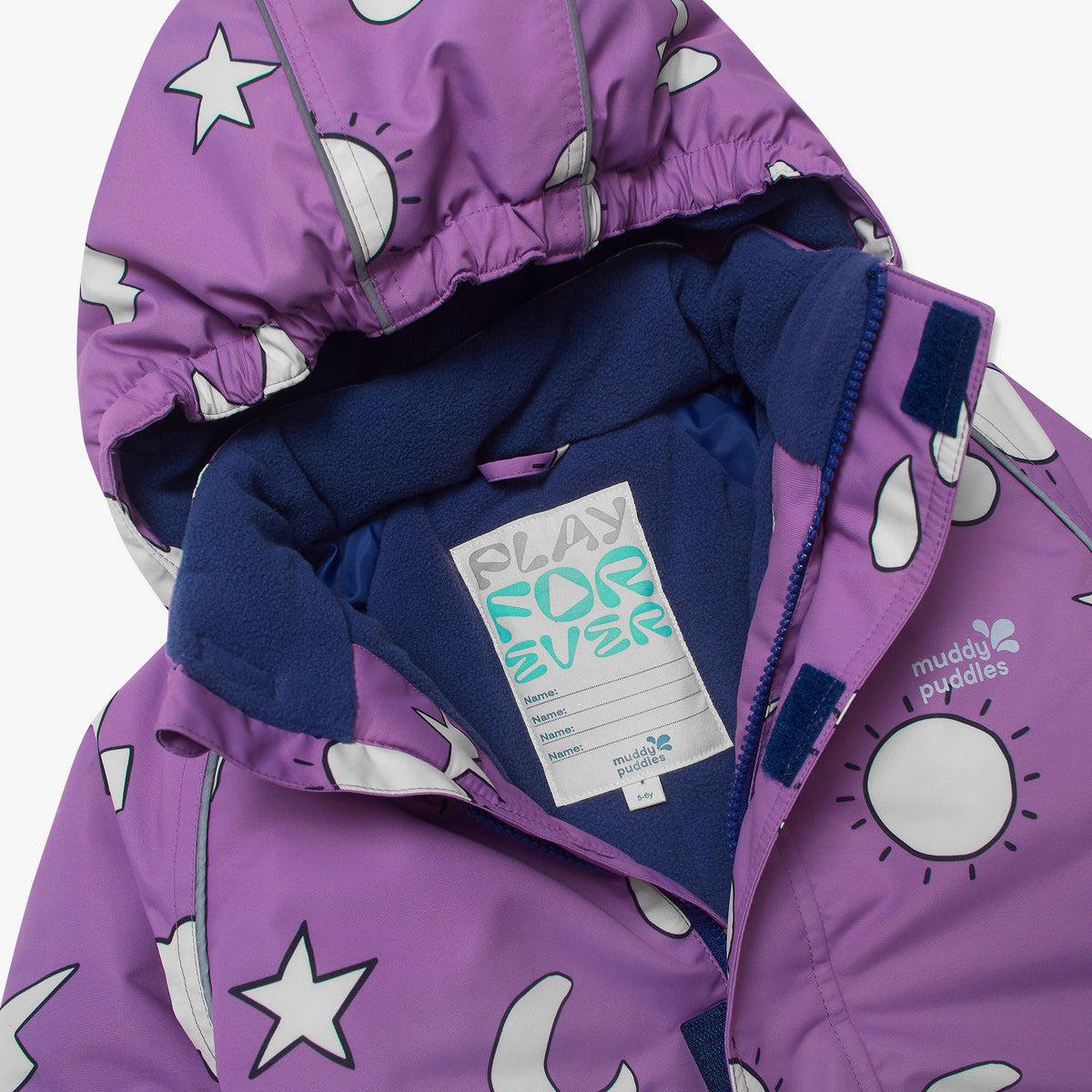 Blizzard Kids Ski Jacket Lilac Weather: Durable, waterproof children’s hooded jacket with fleece-lined collar, zipper, Velcro tabs, and celestial print, from Muddy Puddles Children's Waterproofs.