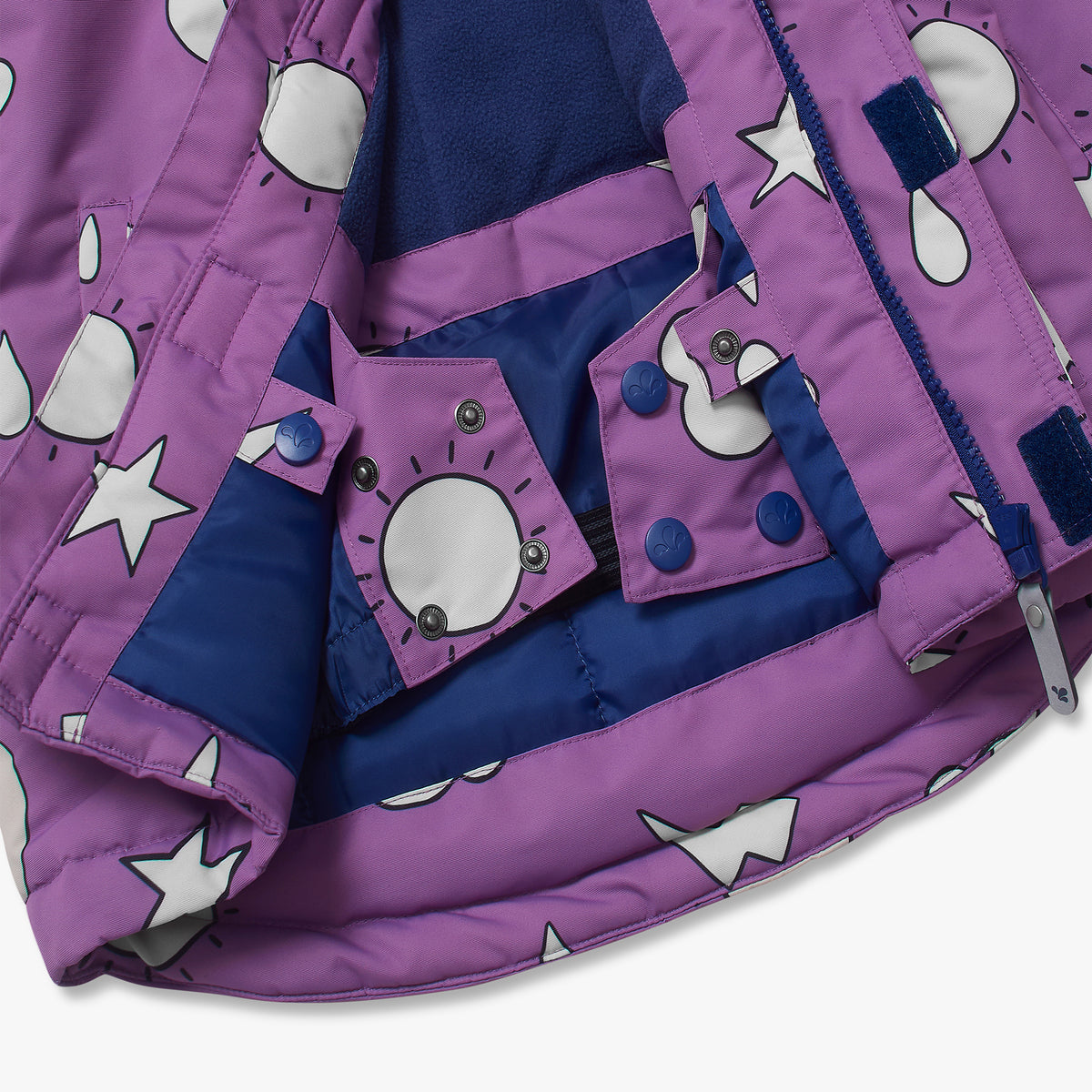 Close-up of Blizzard Kids Ski Jacket Lilac Weather, featuring durable storm flap, snap buttons, and Velcro strips, showcasing its high-performance, waterproof design for children's winter adventures.