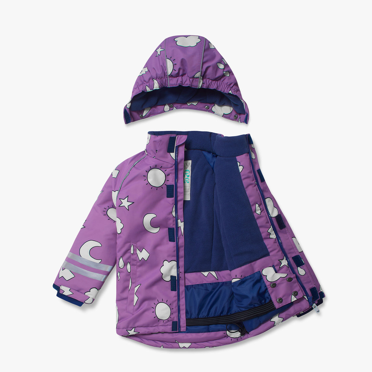 Blizzard Kids Ski Jacket Lilac Weather, featuring a bright purple print with weather icons, navy-blue fleece lining, and detachable hood, perfect for durable, waterproof outdoor adventures.