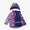 Blizzard Kids Ski Jacket Lilac Weather, featuring a bright purple print with weather icons, navy-blue fleece lining, and detachable hood, perfect for durable, waterproof outdoor adventures.