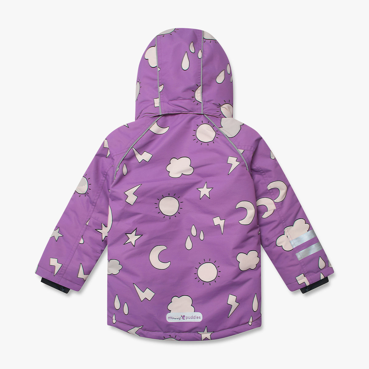 Blizzard Kids Ski Jacket Lilac Weather features a weather-themed pattern, reflective strip, and durable waterproof fabric, showcasing Muddy Puddles’ commitment to all-weather, eco-friendly children's wear.
