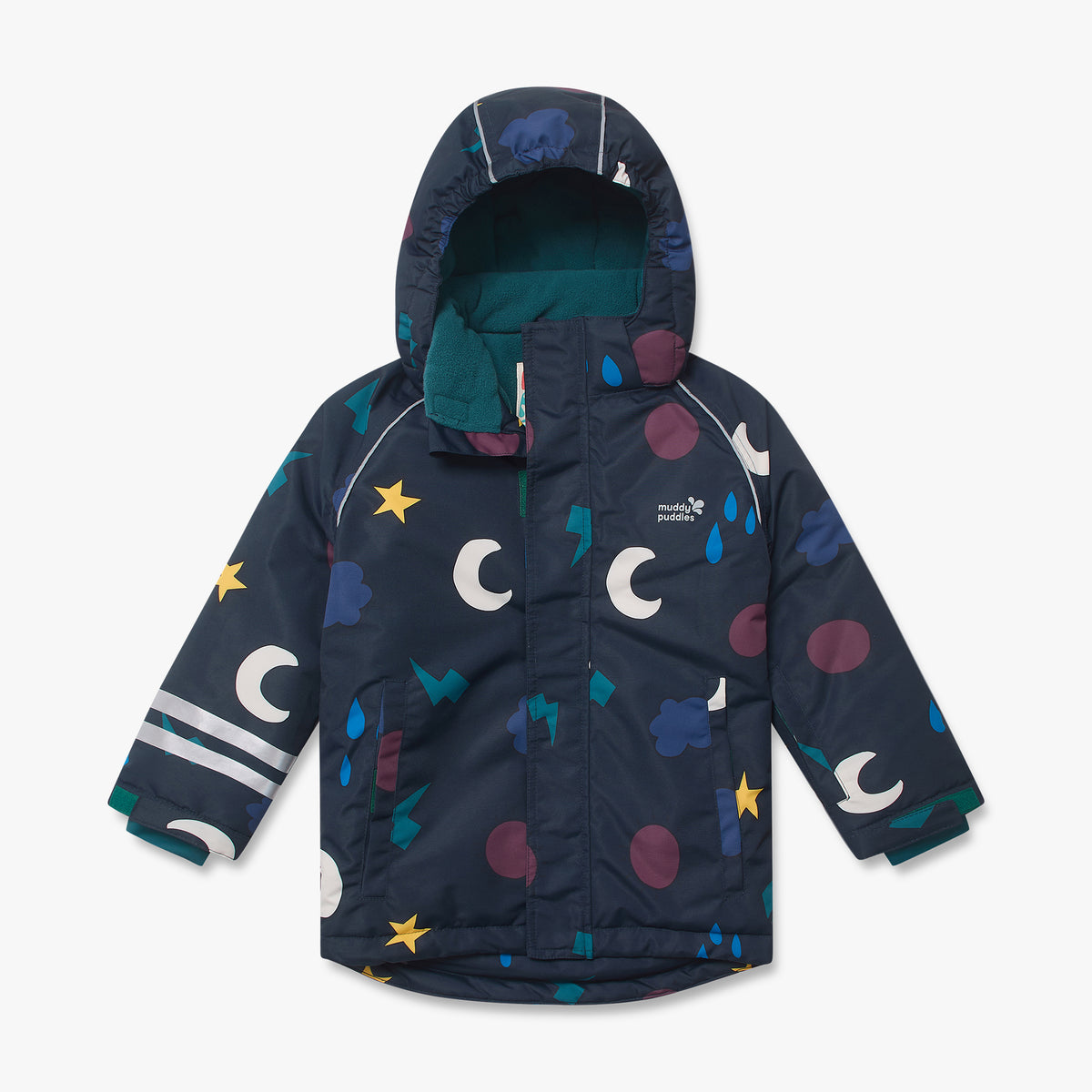Blizzard Kids Ski Jacket Navy Weather: Durable children's winter coat with weather-themed print, reflective cuff striping, fleece-lined hood, Velcro storm flap, waterproof design, perfect for outdoor adventures.