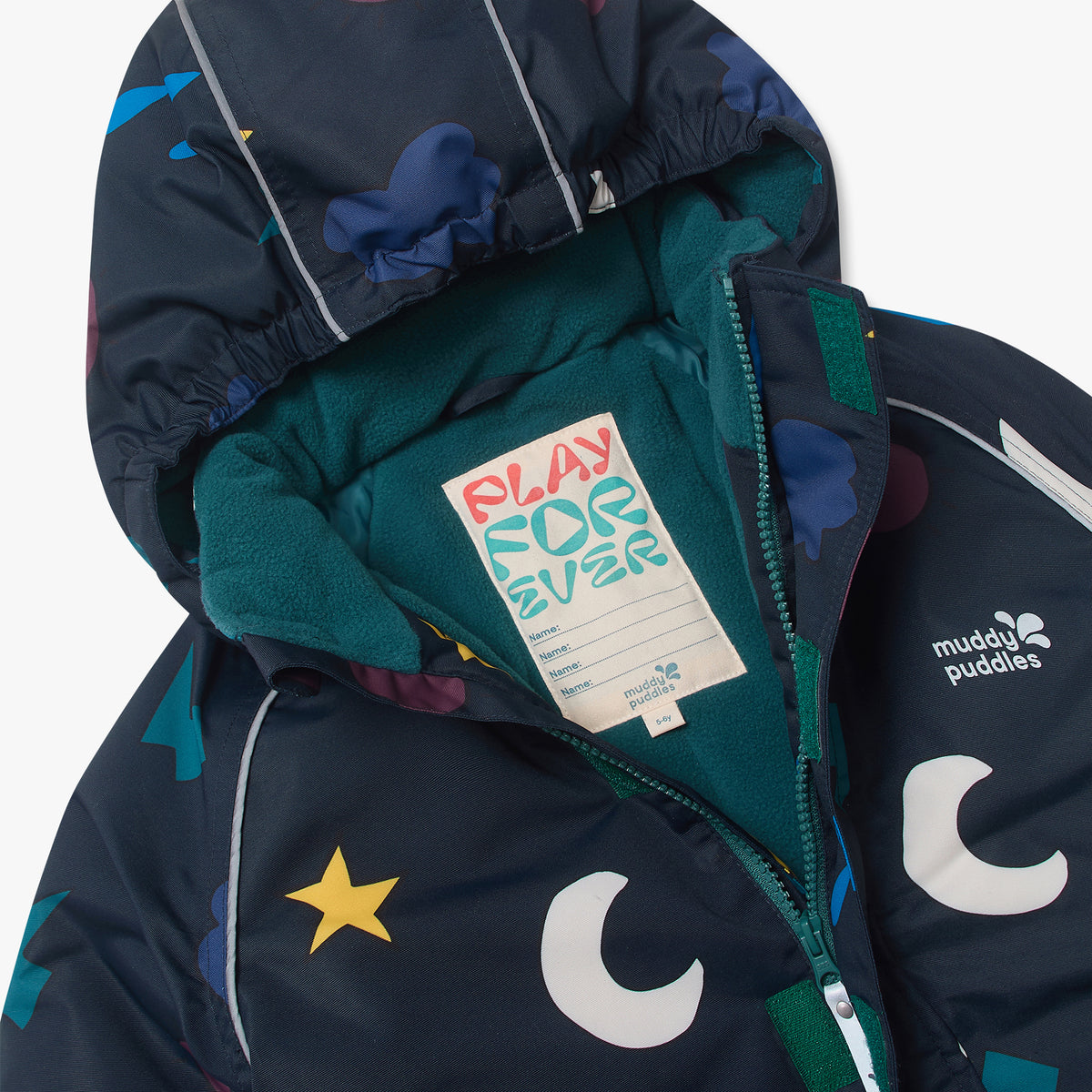 Blizzard Kids Ski Jacket Navy Weather: Durable, waterproof children's jacket with star and moon design, hood, soft fleece lining, and PLAY FOREVER label for personalization.