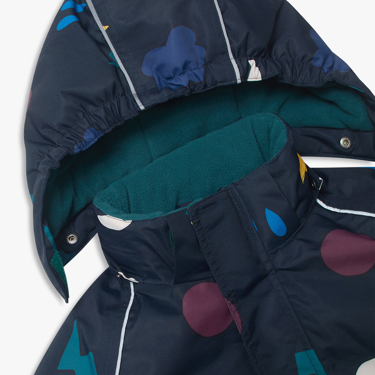 Blizzard Kids Ski Jacket Navy Weather features a padded design with a detachable hood and high collar, printed with colorful weather motifs, ideal for durable, waterproof outdoor adventures.