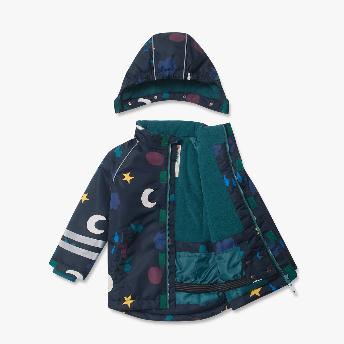 Blizzard Kids Ski Jacket Navy Weather, featuring a removable hood and teal fleece lining, showcases night-sky motifs, offering durable, waterproof protection for adventurous children.