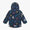 Blizzard Kids Ski Jacket Navy Weather with playful weather-themed print; durable and waterproof, perfect for outdoor play. Features a muddy puddles label near the hem.