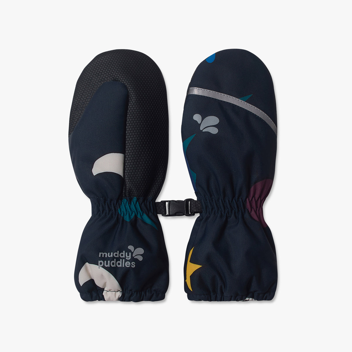 Ski Mittens Navy Weather: Durable, waterproof children's mittens with a graphic pattern, elasticated wrists, and grippy palms, ideal for outdoor adventures.
