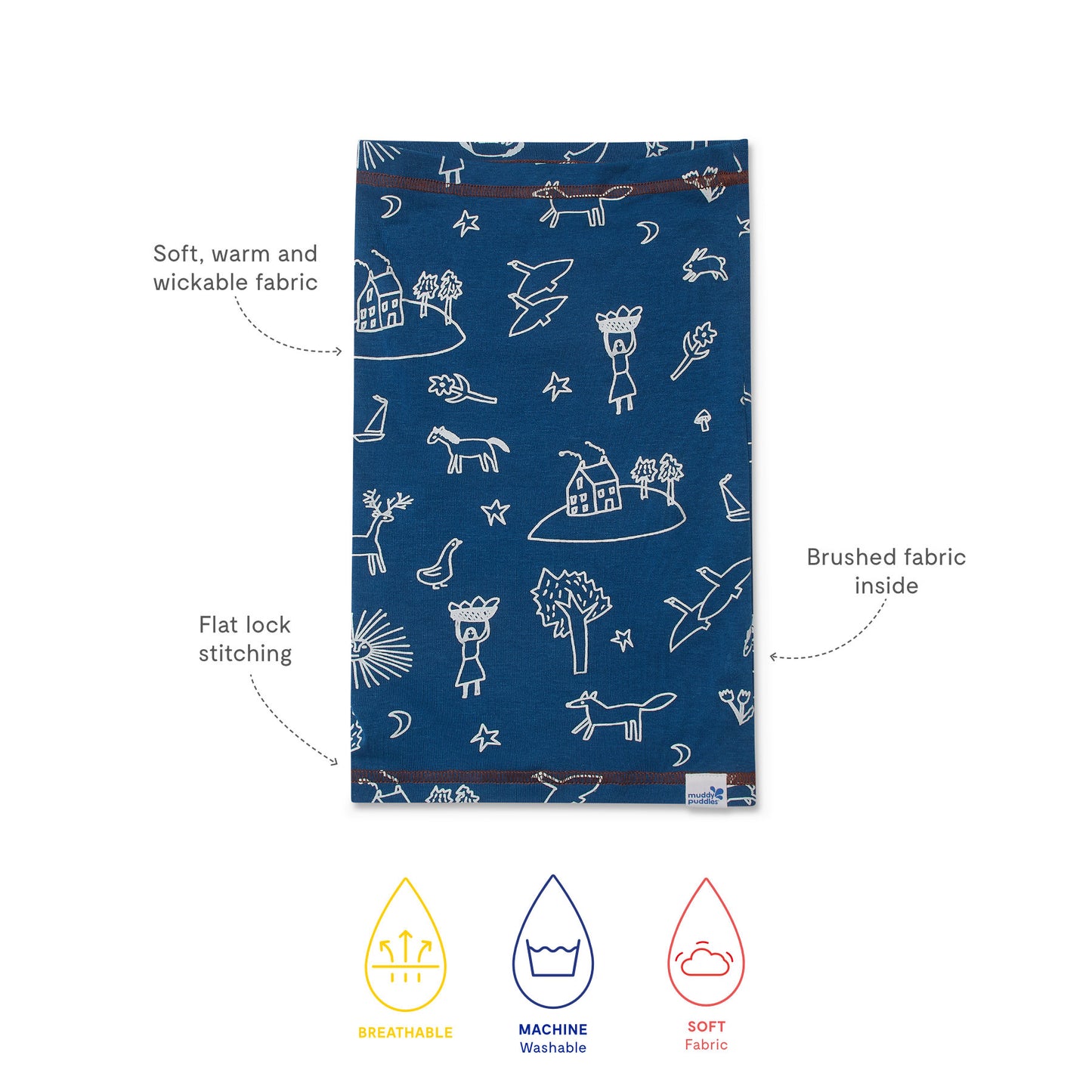 Thermal Snood Blue Print: soft, breathable neck gaiter with doodle-style prints, featuring wickable, brushed fabric and flat lock stitching. Durable, machine-washable, ideal for outdoor children's wear.