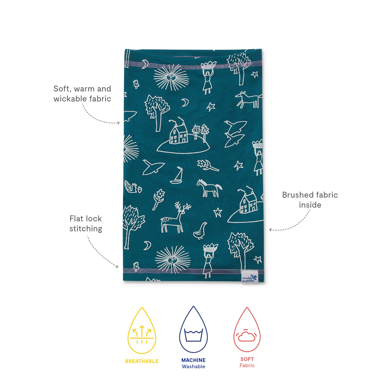 Thermal Snood Green Print: Kids' neck-warmer by Muddy Puddles, featuring white doodles on teal, made from breathable, moisture-wicking fabric with flat-lock stitching, ensuring warmth and comfort.