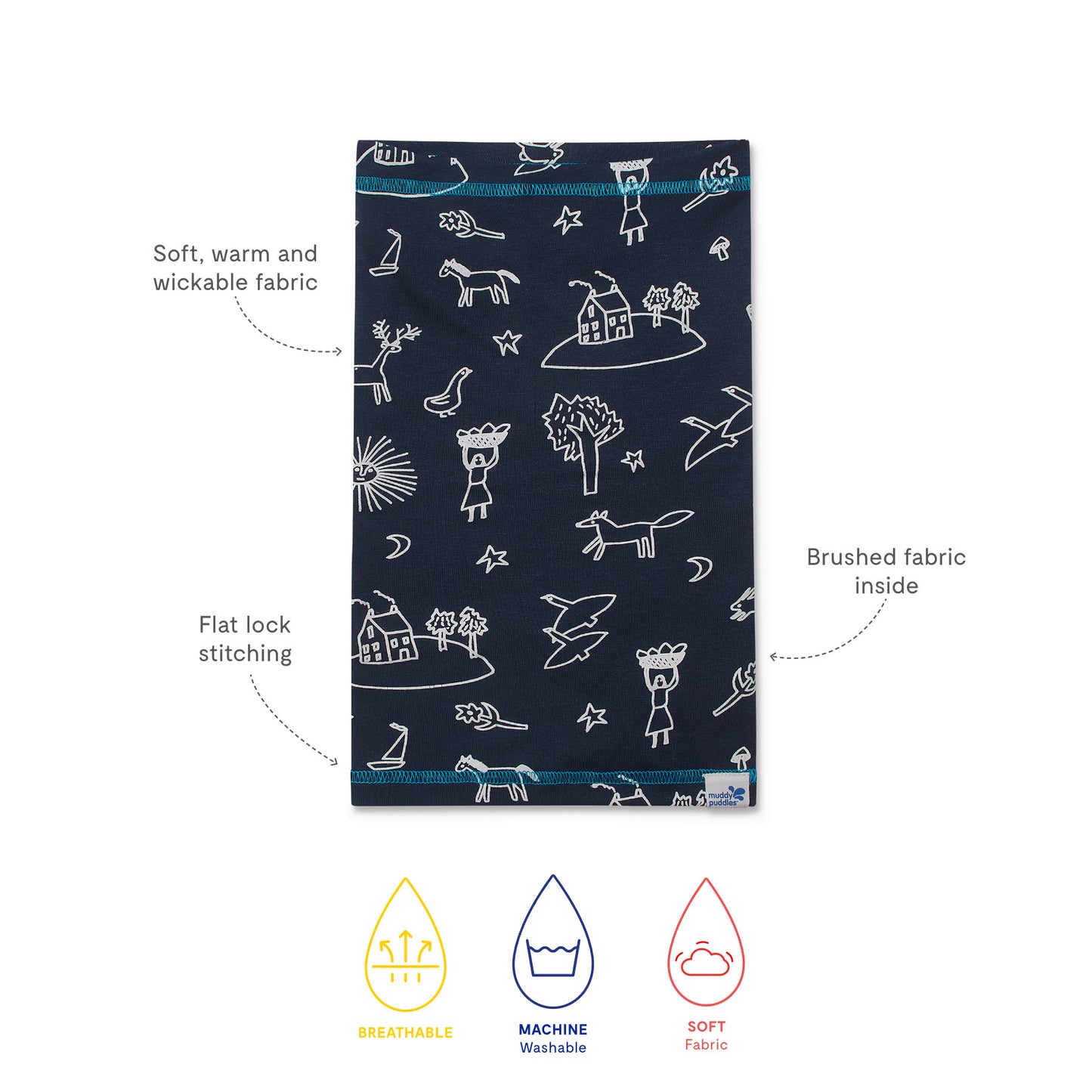 Thermal Snood Navy Print with doodle-style drawings, featuring soft, breathable, wicking fabric, fleece-like lining, and flat-lock stitching. Ideal for children's outdoor adventures.