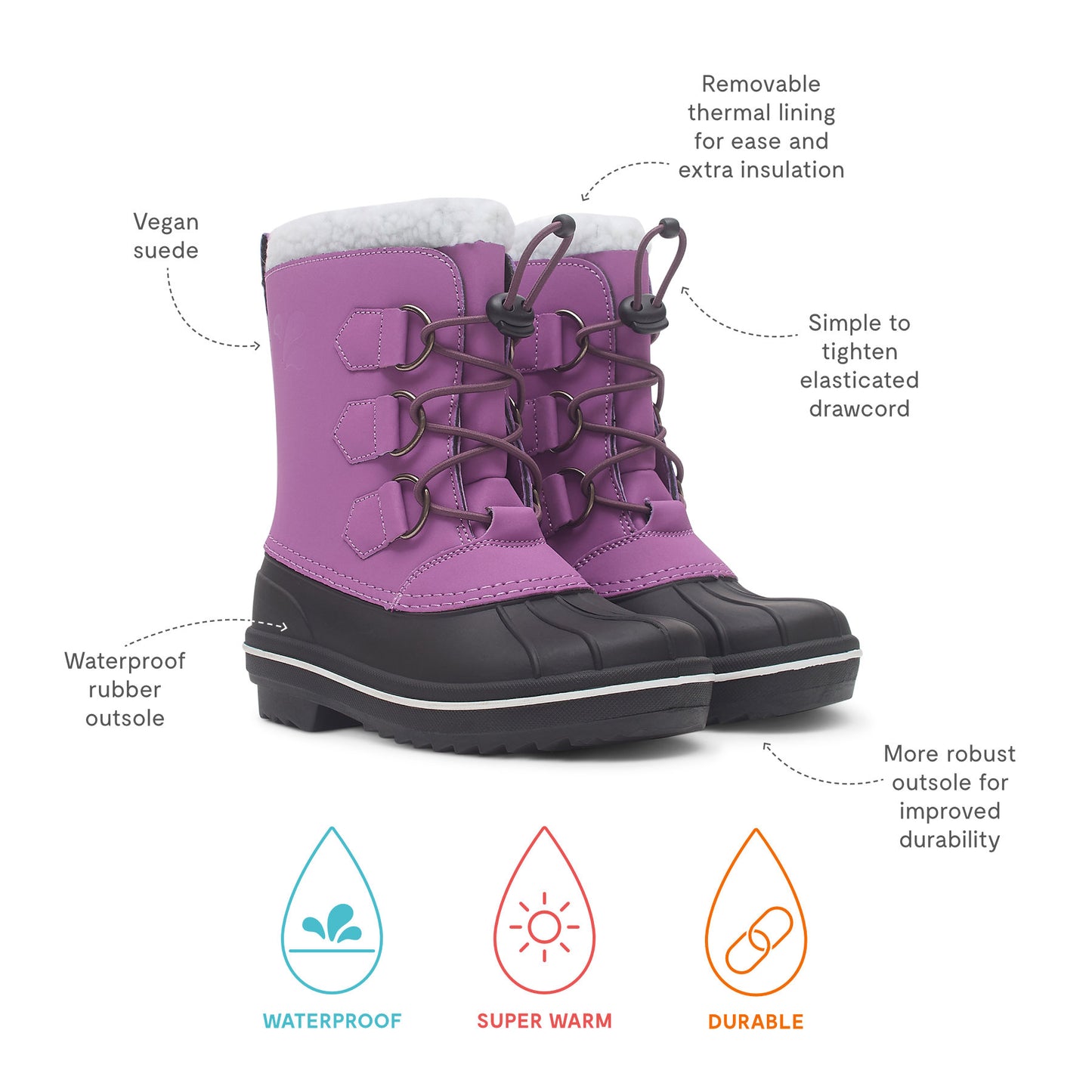 Snow Boots Lilac with vegan suede upper, removable thermal lining, elastic drawcord, durable waterproof rubber outsole, showcasing waterproof, super warm, and durable features for children's winter wear.
