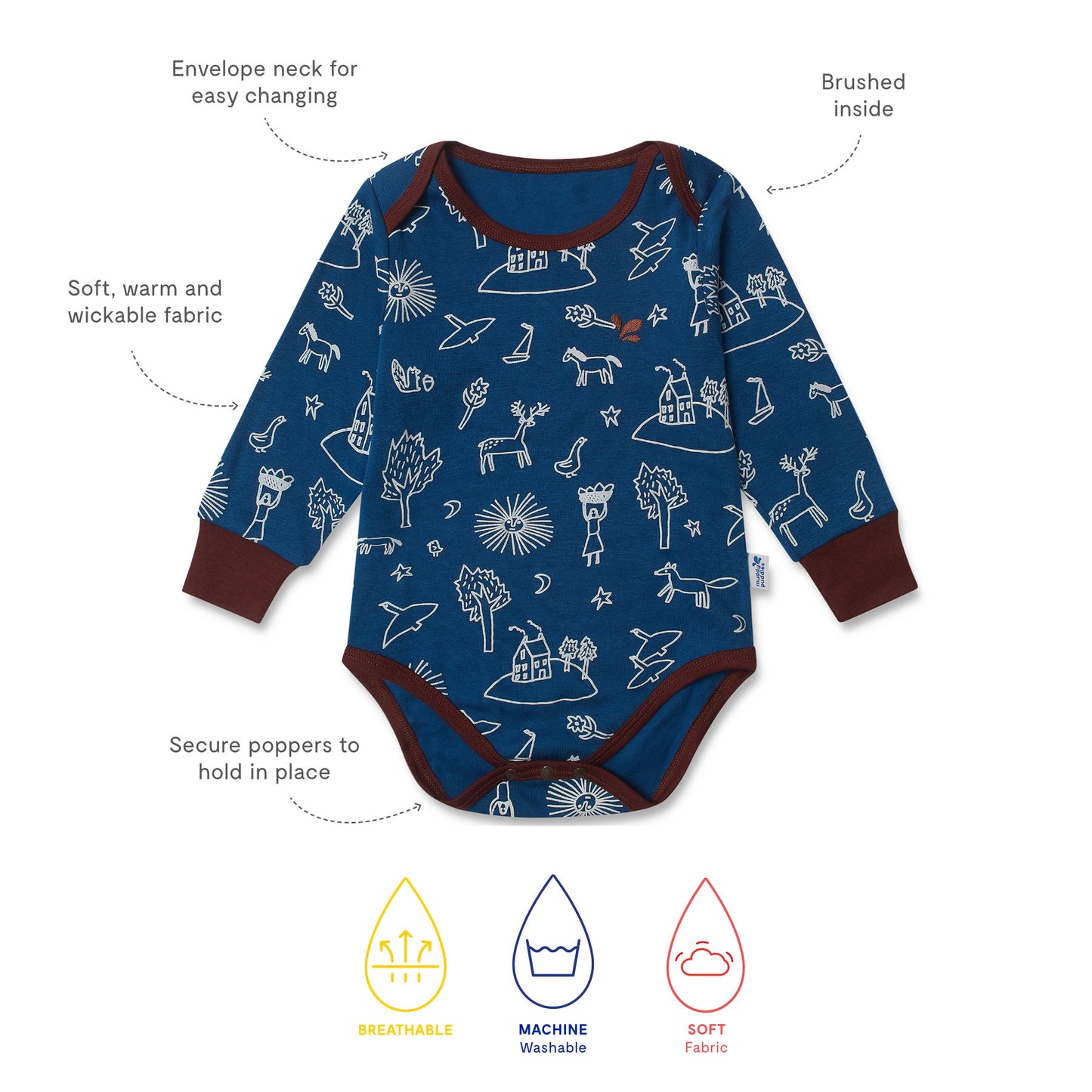 Thermal Baby Grow Blue onesie with envelope neck, secure crotch poppers, and soft, wickable fabric featuring white motifs. Durable and machine-washable, ideal for all-weather play.