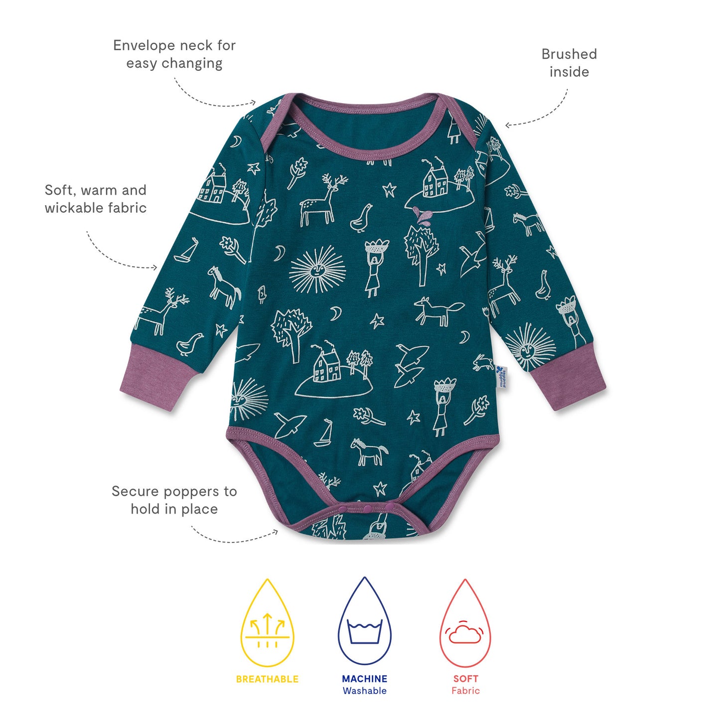 Thermal Baby Grow Green onesie with teal, hand-drawn prints and purple trim, featuring breathable, wickable fabric, brushed interior, envelope neck, and snap fasteners for easy wear.