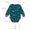 Thermal Baby Grow Green onesie with teal, hand-drawn prints and purple trim, featuring breathable, wickable fabric, brushed interior, envelope neck, and snap fasteners for easy wear.