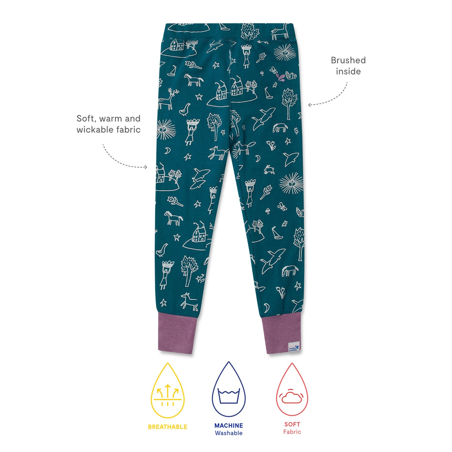 Kids Thermal Leggings Green with whimsical motifs, soft and wickable fabric, featuring brushed inside. Highlights include breathable, machine washable, and soft fabric for durable outdoor comfort.