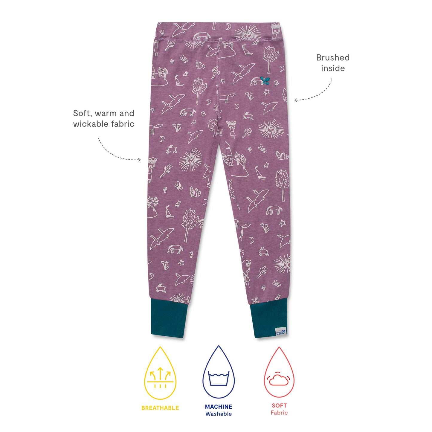Kids Thermal Leggings Pink feature soft, warm, wickable fabric with a playful white doodle print and teal cuffs, combining durability and comfort for active children.