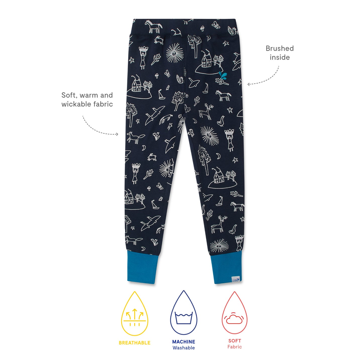 Kids Thermal Leggings Navy featuring a hand-drawn print of houses and animals, with teal cuffs. Soft, warm, moisture-wicking fabric; breathable and machine-washable for active outdoor play.