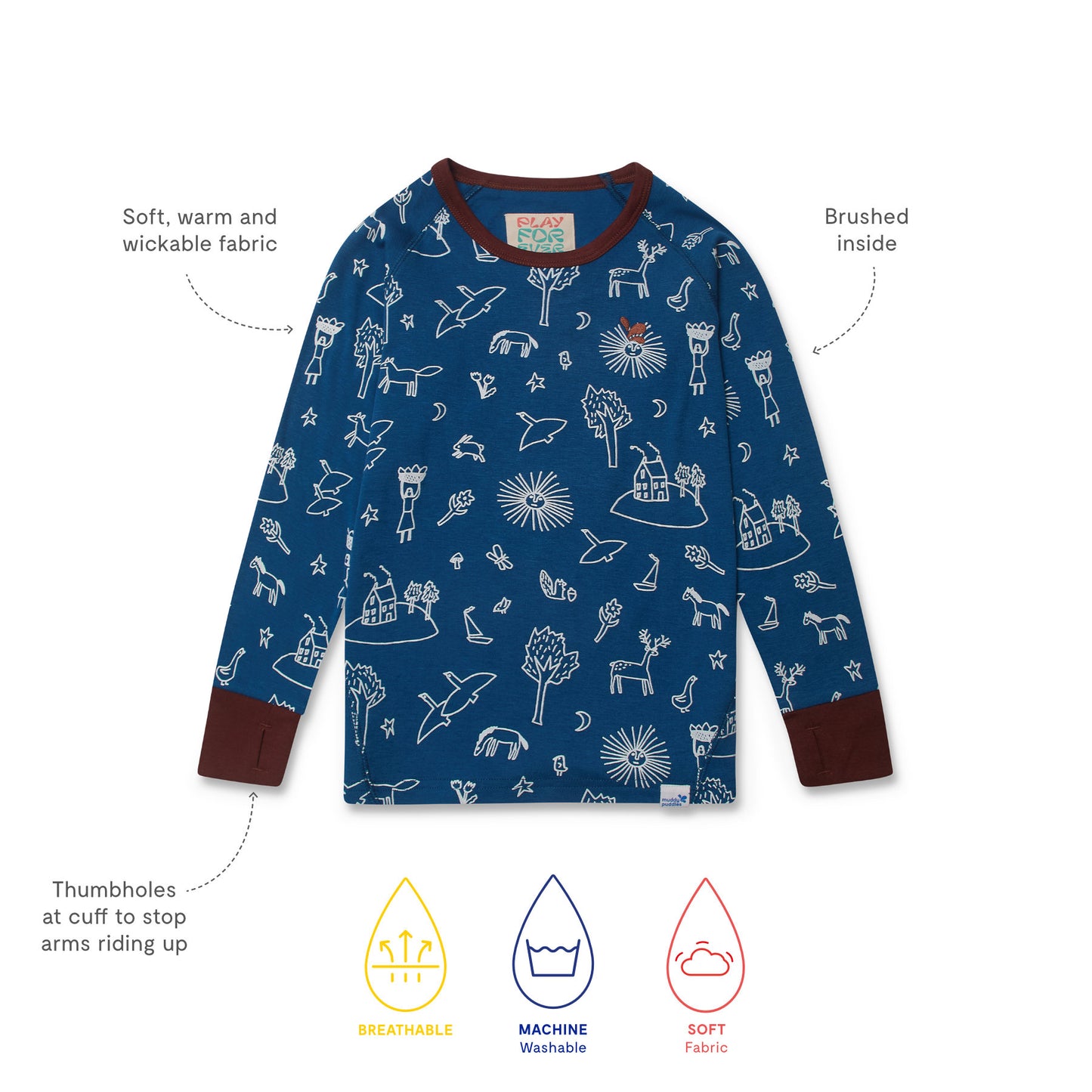 Kids Thermal Top Blue features white doodles on a blue background with brown cuffs and thumbholes. Soft, warm, wickable fabric is breathable and machine washable.