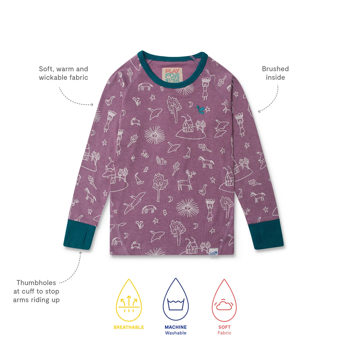 Kids Thermal Top Pink with doodle designs, featuring soft, warm, wickable fabric, brushed inside for coziness, and thumbholes to keep sleeves in place. Breathable, machine washable, and durable.