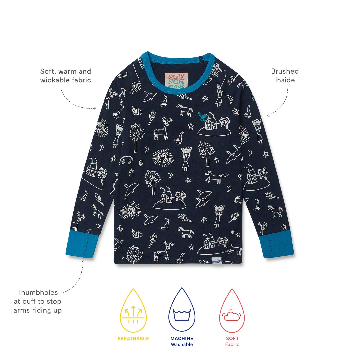 Kids Thermal Top Navy featuring cozy, wickable fabric with hand-drawn motifs, thumb-holes, and breathable, machine-washable material. Ideal for warmth and comfort in outdoor adventures.