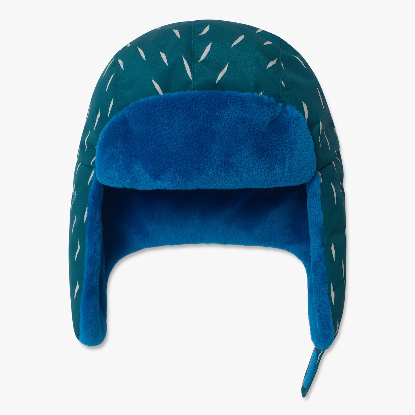 Trapper Hat Green featuring teal fabric with white motifs, bright blue fleece lining, and adjustable ear flaps, perfect for durable, cozy outdoor adventures.