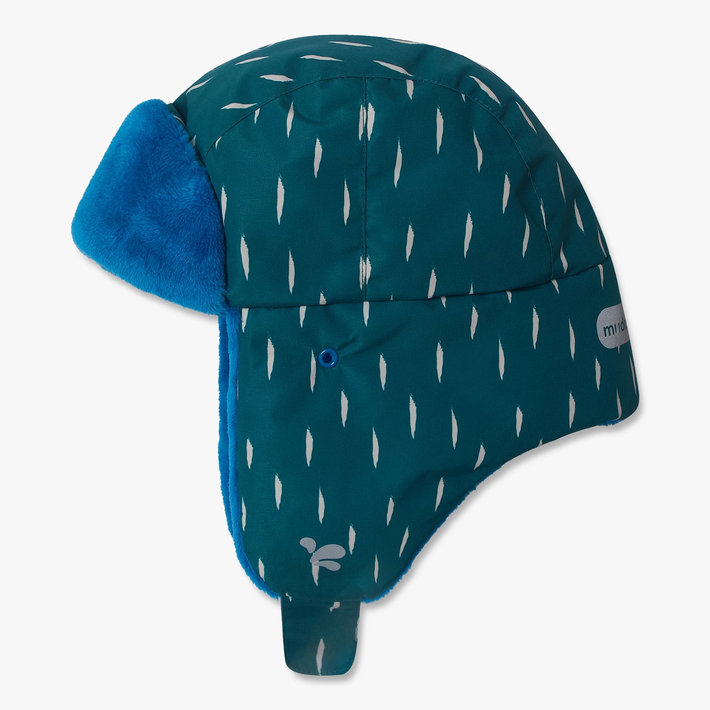 Trapper Hat Green: A durable, water-resistant aviator hat with fold-down ear flaps, featuring a teal shell and bright blue faux-fur lining, ideal for children's outdoor adventures.