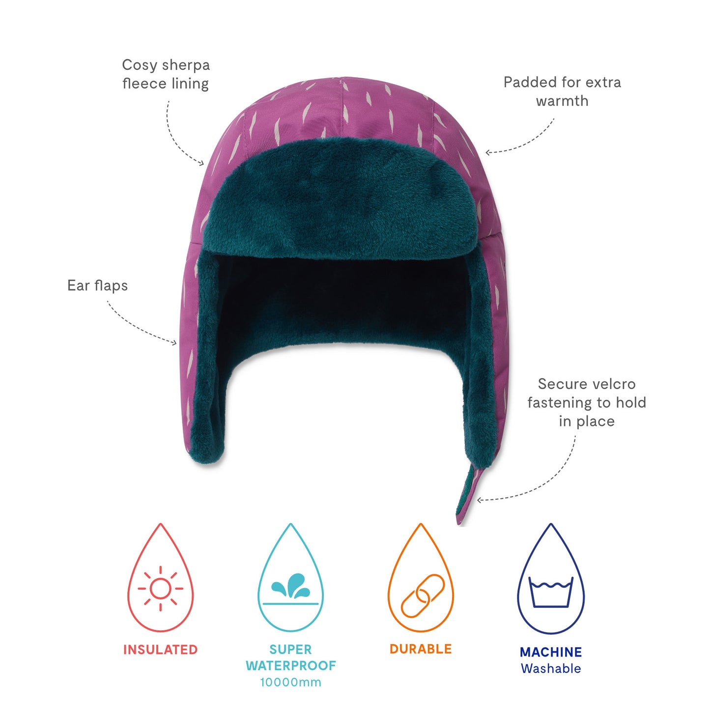 Trapper Hat Pink with cosy Sherpa fleece, padded shell, ear flaps, and Velcro chin strap. Features insulated, waterproof, durable, machine washable design for children's winter adventures.