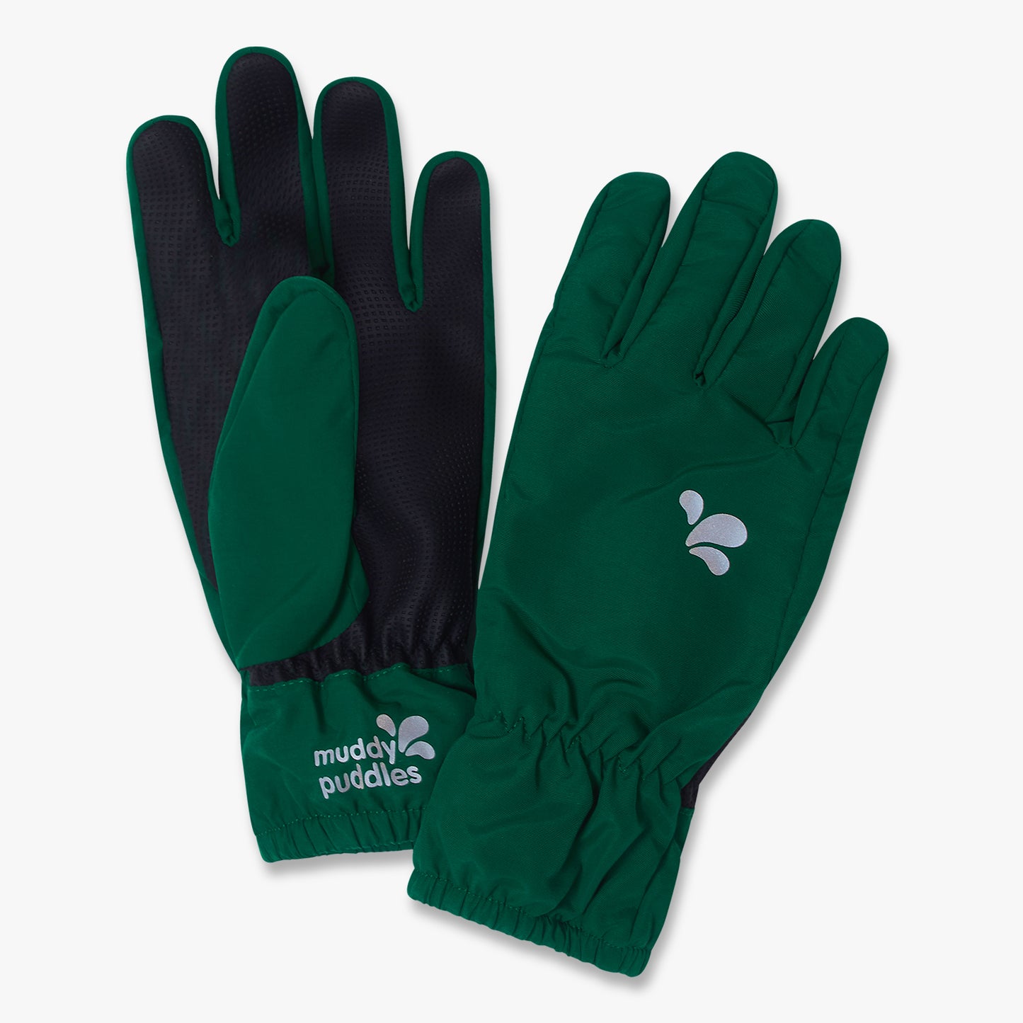 Waterproof Gloves Green with black textured palms, featuring a splash-shaped logo and muddy puddles wrist cuff, ideal for durable, water-resistant outdoor play.