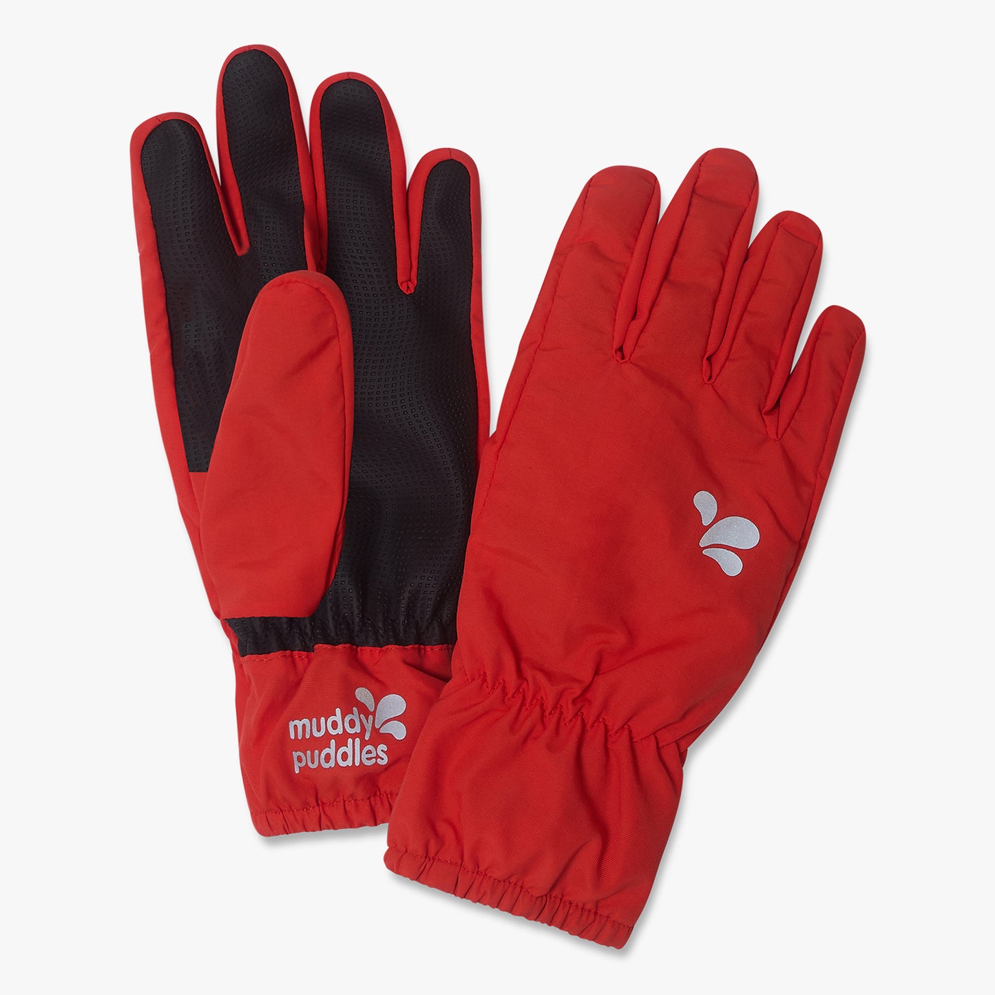 Waterproof Gloves Red for kids, featuring a black textured palm for grip, elasticated cuffs, and a “muddy puddles” logo; ideal for cold, wet conditions.