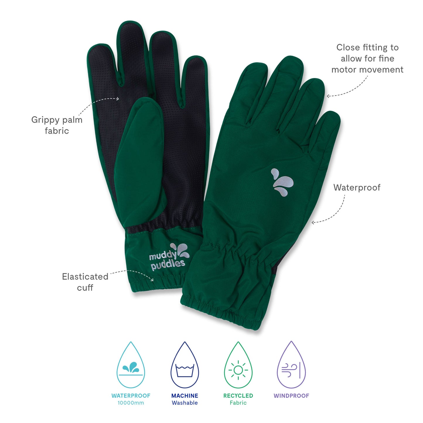 Waterproof Gloves Green with grippy palm, close-fitting fingers, elasticated cuff, and fully waterproof, windproof exterior; made from durable, recycled fabric, and machine washable.