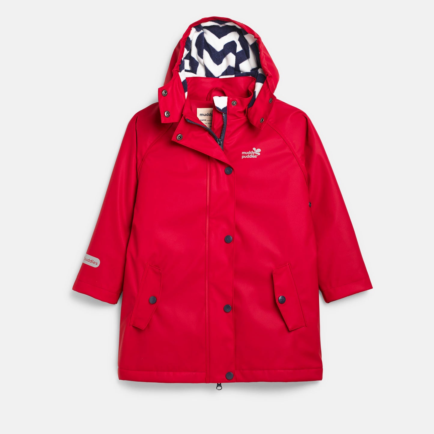 Red Puddleflex waterproof fleece lined jacket with hood. Navy and white chevron pattern inside hood. Part of the Muddy Puddles brand.