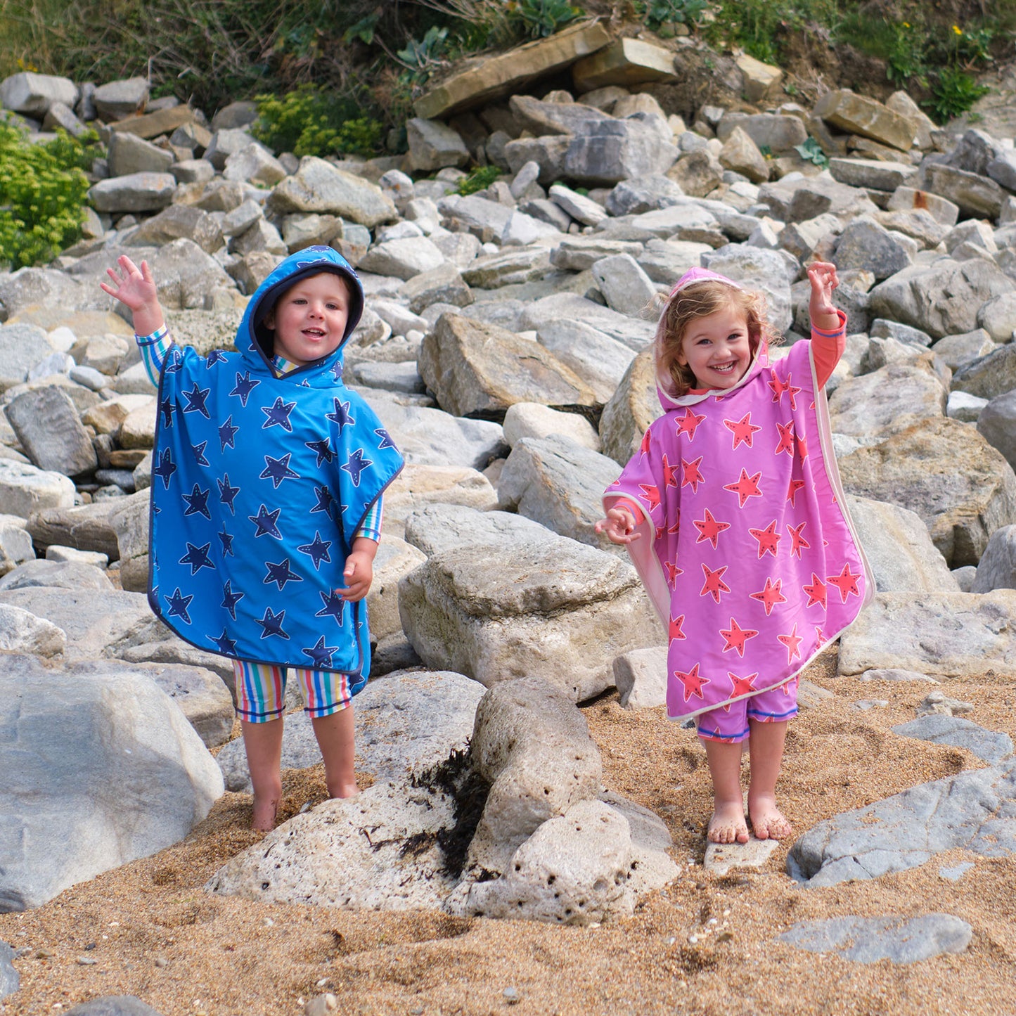 Beach Towel Poncho Blue Starfish