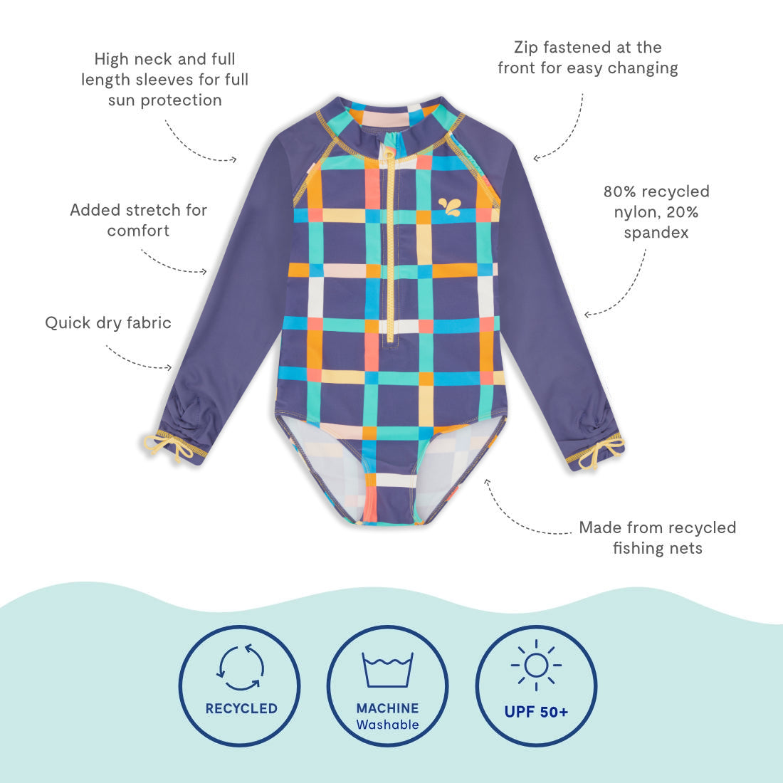 UV Protective Long Sleeve Swimsuit Multi Check