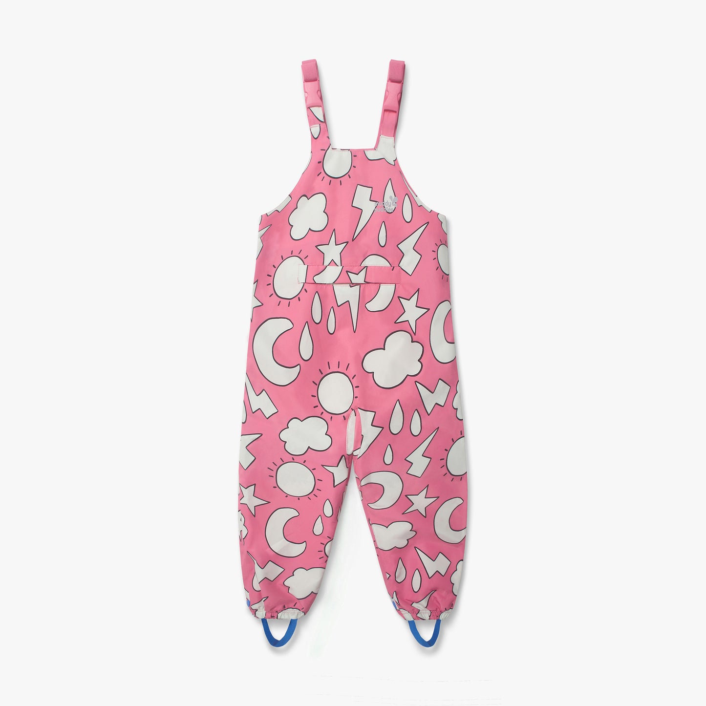 EcoLight Waterproof Dungarees Pink Weather: Children’s waterproof overalls with adjustable straps and elastic cuffs, featuring white weather-themed icons, ensuring durability and full waterproof protection.
