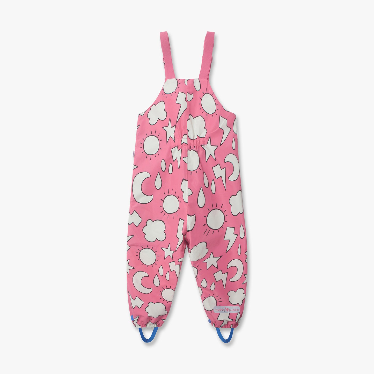 EcoLight Waterproof Dungarees Pink Weather: Durable pink rain overalls with weather motifs, adjustable straps, stirrups, elastic cuffs, ensuring breathable, waterproof protection for kids' outdoor adventures.