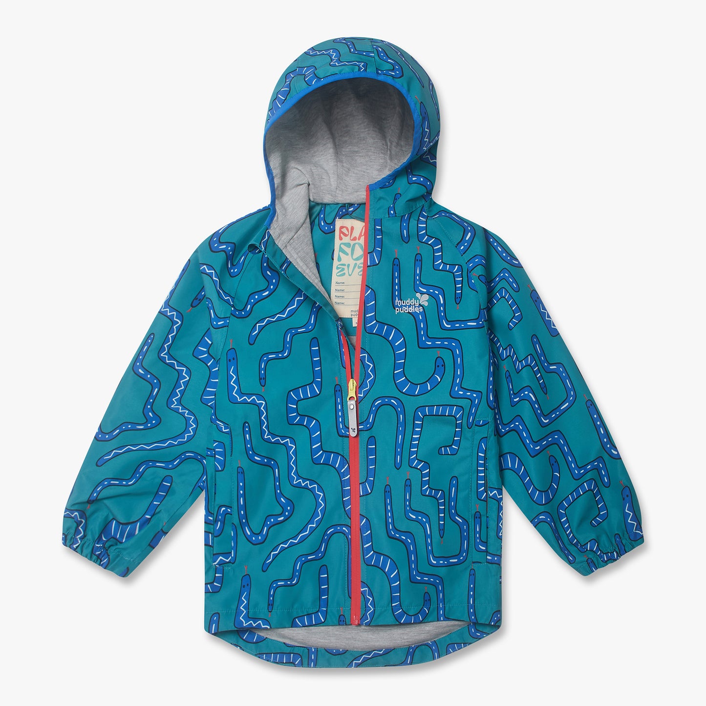 EcoLight Lightweight Waterproof Jacket Green Snake: Teal raincoat with blue snake pattern, red zipper, elasticated cuffs, and curved hem, ensuring durable, waterproof protection for adventurous children.