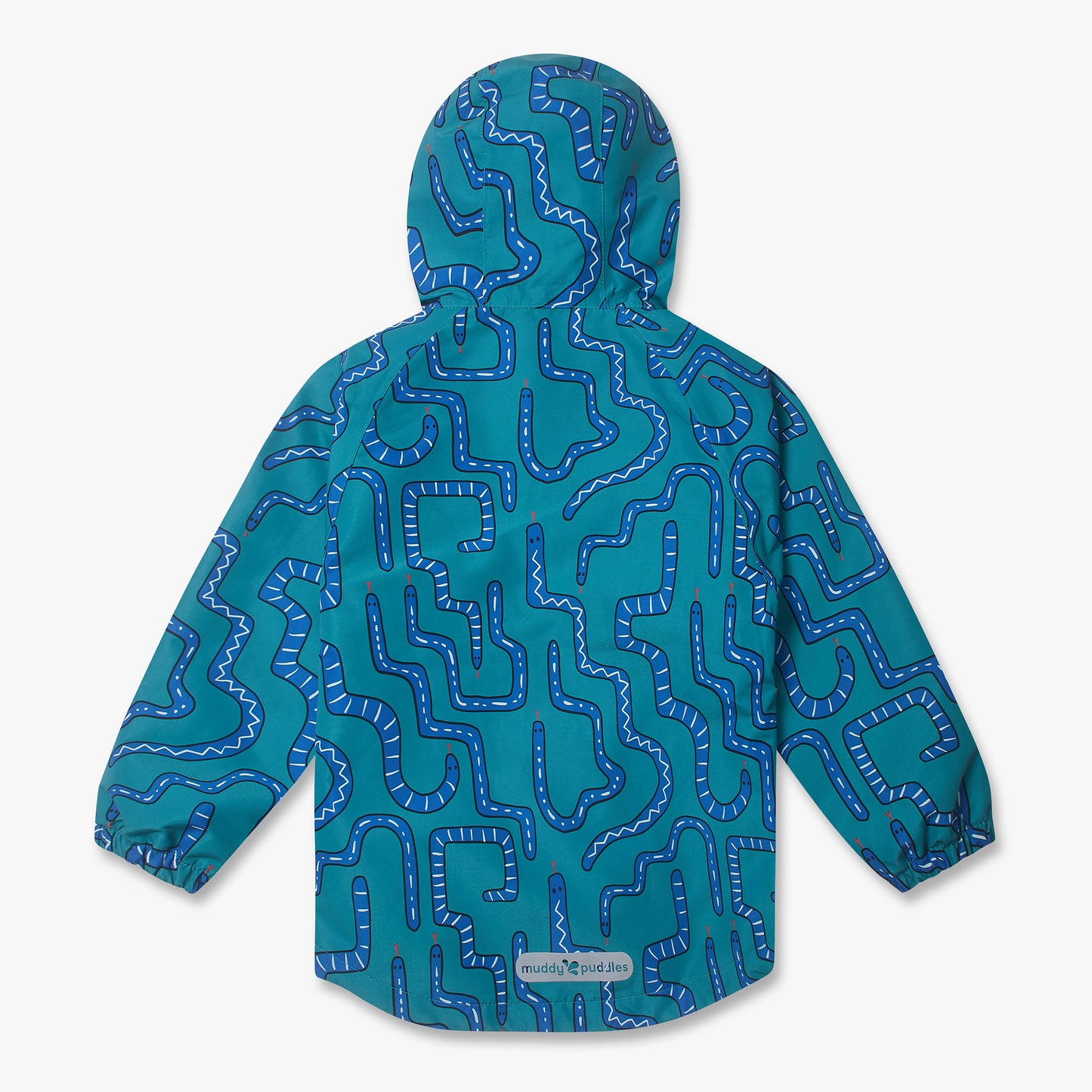 EcoLight Lightweight Waterproof Jacket Green Snake, showcasing durable teal-blue fabric with doodle-style snake print, elasticated cuffs, and muddy puddles logo, ideal for rainy adventures.