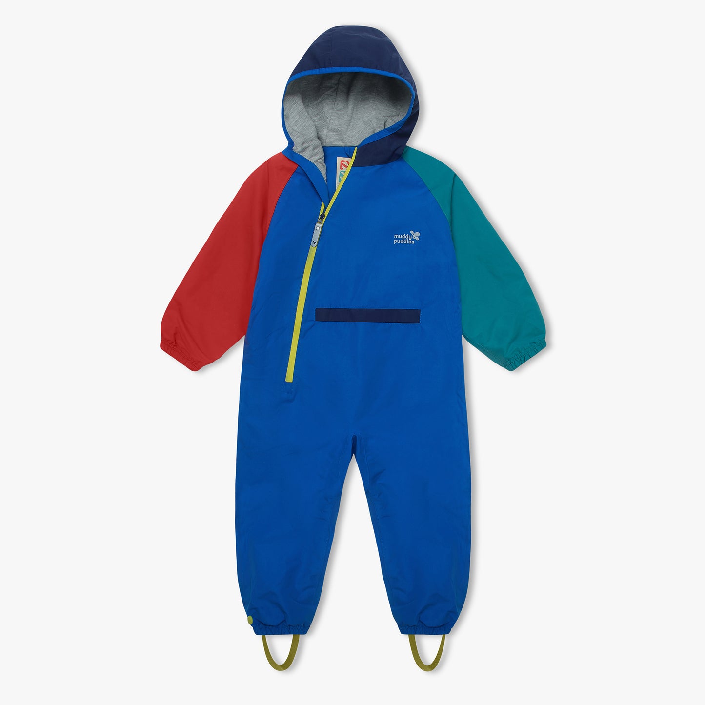 EcoLight Lightweight Waterproof Puddle Suit Blue Colourblock with hood, elasticated cuffs, stirrup loops, and color-blocked panels. Durable, breathable, and perfect for rainy adventures.